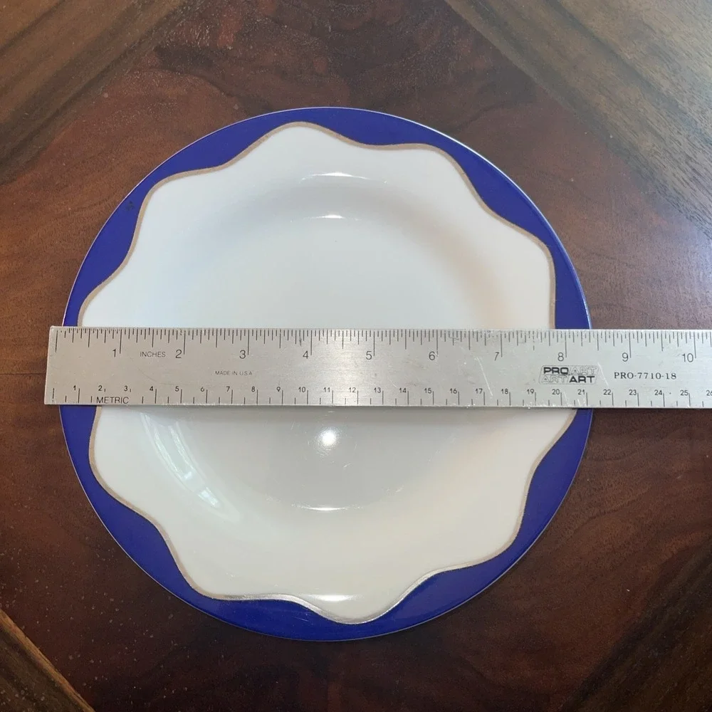POTTERY BARN Hanukkah Salad Plates Set )3)  Blue White Scalloped Silver Rim 8.5
